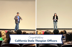 Kamron Jamali and Kathleen Shumate on stage giving speeches